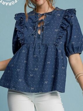 Umgee Navy Blue Ruffle Tie-Front Peasant Top